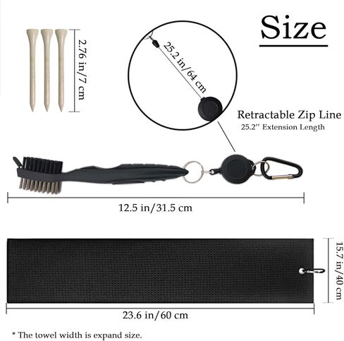 Golf Towels Microfiber Waffle Pattern Tri-fold Golf Bag Towel + Brush Tool Kit with Club Groove Cleaner,with Clip Men Women Golf Gifts and Golf Accessories (Black+Brush) in Kuwait
