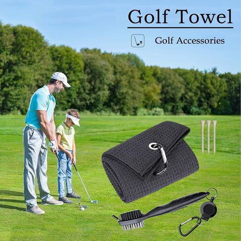 Golf Towels Microfiber Waffle Pattern Tri-fold Golf Bag Towel + Brush Tool Kit with Club Groove Cleaner,with Clip Men Women Golf Gifts and Golf Accessories (Black+Brush) in Kuwait