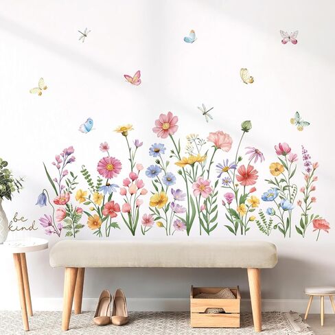 wondever Pink Wildflower Wall Stickers Garden Flower Daisy Butterflies Floral Botanical Wall Art Decals for Bedroom Living Room Sofa in Saudi Arabia