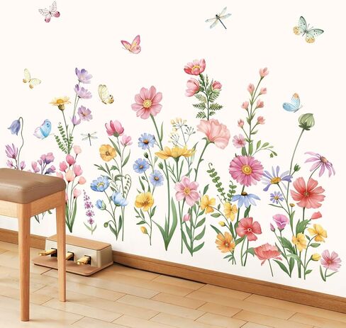 wondever Pink Wildflower Wall Stickers Garden Flower Daisy Butterflies Floral Botanical Wall Art Decals for Bedroom Living Room Sofa in Saudi Arabia
