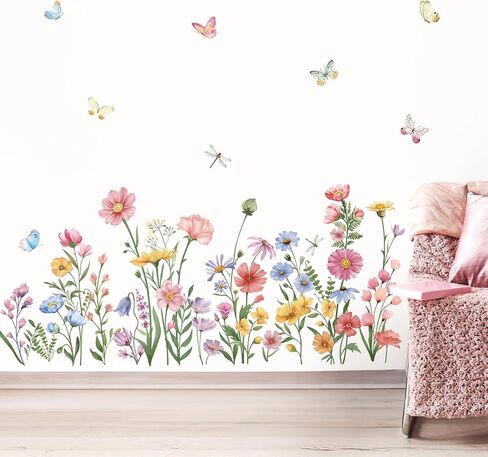 wondever Pink Wildflower Wall Stickers Garden Flower Daisy Butterflies Floral Botanical Wall Art Decals for Bedroom Living Room Sofa in Saudi Arabia