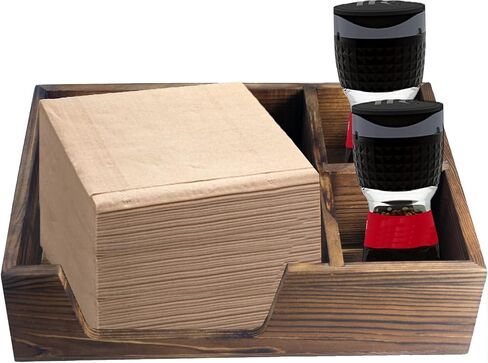 Napkin Holder with Salt and Pepper Shaker Caddy, Wooden Napkins Dispenser with Salt Pepper Holder, Seasoning Bottles, Disposable Paper Plate Spoon Fork Knives Organizer for Kitchen Buffet in Saudi Arabia