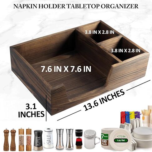 Napkin Holder with Salt and Pepper Shaker Caddy, Wooden Napkins Dispenser with Salt Pepper Holder, Seasoning Bottles, Disposable Paper Plate Spoon Fork Knives Organizer for Kitchen Buffet in Saudi Arabia
