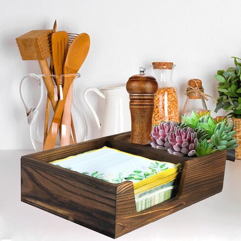 Napkin Holder with Salt and Pepper Shaker Caddy, Wooden Napkins Dispenser with Salt Pepper Holder, Seasoning Bottles, Disposable Paper Plate Spoon Fork Knives Organizer for Kitchen Buffet in Saudi Arabia