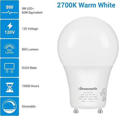 DEWENWILS GU24 LED Light Bulb, 60W Equivalent, Dimmable 2 Prong Light Bulbs, 2700K Warm White, 9W 800 Lumens, A19 Shape Bulbs, GU24 Twist Lock Base, UL Listed, 4 Pack in Saudi Arabia
