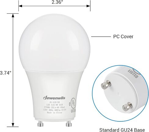 DEWENWILS GU24 LED Light Bulb, 60W Equivalent, Dimmable 2 Prong Light Bulbs, 2700K Warm White, 9W 800 Lumens, A19 Shape Bulbs, GU24 Twist Lock Base, UL Listed, 4 Pack in Saudi Arabia