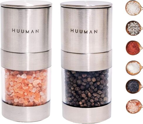 2 Set Manual Salt and Pepper Grinder with Adjustable Coarseness Ceramic Burr, Stainless Steel Refillable Salt and Pepper Grinder for Pink Himalayan Salt, Table Salt, and Black or White Pepper in Saudi Arabia