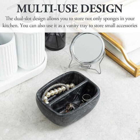 MyGift Modern Black Resin Double Sponge Holder with Realistic Marble Pattern for Kitchen Sink Countertop, Dish Cleaning Sponges or Scrubbing Pads Bowl with 2 Compartments in Saudi Arabia