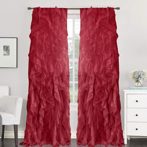 Sweet Home Collection 2 Pack Window Treatment Sheer Cascading Panel Vertical Ruffled Curtains in Many Sizes and Colors, 63 in x 50 in, Burgundy in Kuwait