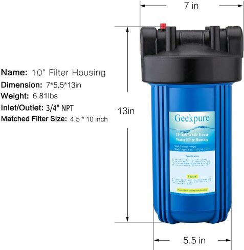 Geekpure 10-Inch Whole House Water Filter Housing with Wrench and Bracket-4.5 x 10 Inch-3/4-Inch Port in Kuwait