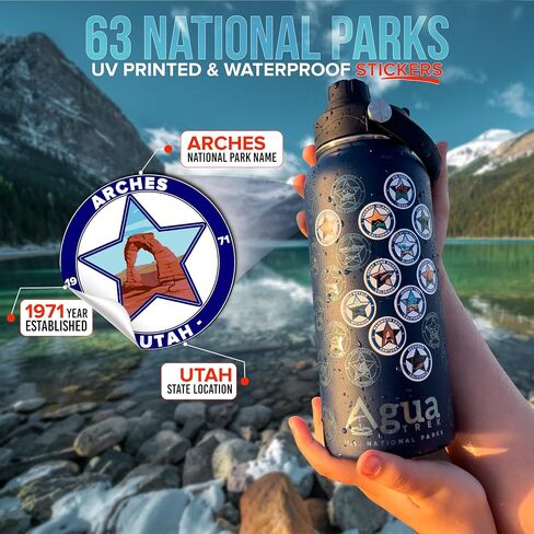 Original National Parks Water Bottle with Stickers, Leakproof Insulated Water Bottle with Straw and Spout Lid, 63 Waterproof Stickers for Water Bottle, Luxury Box for National Park Gifts in Saudi Arabia