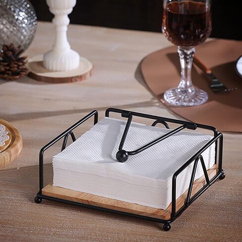Flat Napkin Holder for Table, Rustic Vintage Wood Napkin Dispenser, Square Paper Napkin Holder with Weighted Arm and Wood Base, Black Tissue Holder for Kitchen Dinning Table Restaurants Countertop in Saudi Arabia