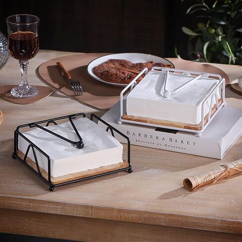 Flat Napkin Holder for Table, Rustic Vintage Wood Napkin Dispenser, Square Paper Napkin Holder with Weighted Arm and Wood Base, Black Tissue Holder for Kitchen Dinning Table Restaurants Countertop in Saudi Arabia