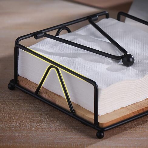 Flat Napkin Holder for Table, Rustic Vintage Wood Napkin Dispenser, Square Paper Napkin Holder with Weighted Arm and Wood Base, Black Tissue Holder for Kitchen Dinning Table Restaurants Countertop in Saudi Arabia