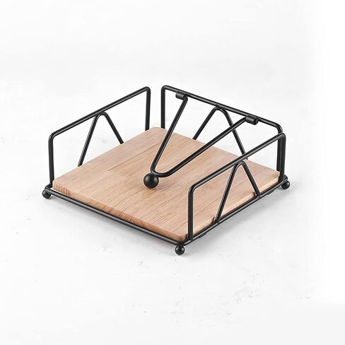 Flat Napkin Holder for Table, Rustic Vintage Wood Napkin Dispenser, Square Paper Napkin Holder with Weighted Arm and Wood Base, Black Tissue Holder for Kitchen Dinning Table Restaurants Countertop in Saudi Arabia