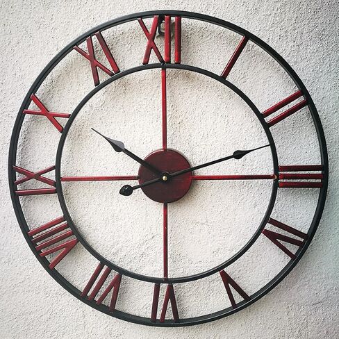 Oversized Roman Numeral Wall Clock, Eruner European Retro Handmade Industrial Large Decorative 3D Metal Clock Non-Ticking European for Kitchen Living Room Cafe Restaurant Decor Red 18.5" in Saudi Arabia
