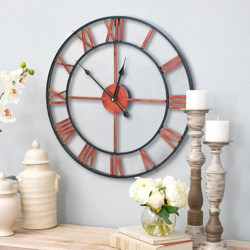 Oversized Roman Numeral Wall Clock, Eruner European Retro Handmade Industrial Large Decorative 3D Metal Clock Non-Ticking European for Kitchen Living Room Cafe Restaurant Decor Red 18.5" in Saudi Arabia
