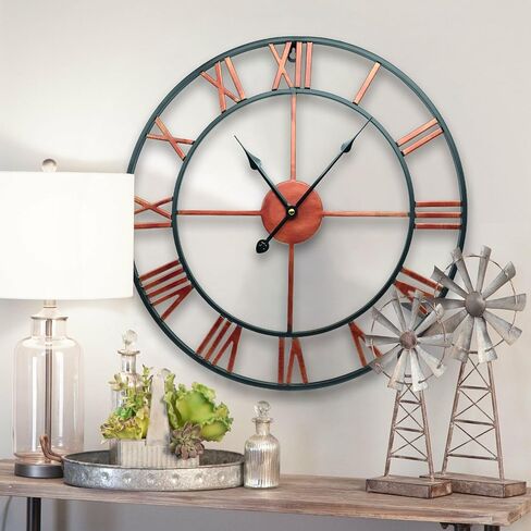 Oversized Roman Numeral Wall Clock, Eruner European Retro Handmade Industrial Large Decorative 3D Metal Clock Non-Ticking European for Kitchen Living Room Cafe Restaurant Decor Red 18.5" in Saudi Arabia
