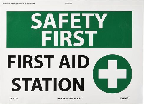 لافتة NMC SF161RB OSHA، Legend "SAFETY FIRST - FIRST AID STATION" مع رسم، طول 14 بوصة × ارتفاع 10 بوصة، بلاستيك صلب، أسود/أخضر على أبيض in Saudi Arabia