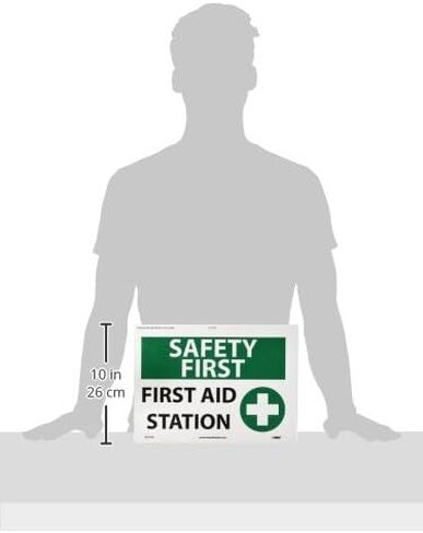 لافتة NMC SF161RB OSHA، Legend "SAFETY FIRST - FIRST AID STATION" مع رسم، طول 14 بوصة × ارتفاع 10 بوصة، بلاستيك صلب، أسود/أخضر على أبيض in Saudi Arabia