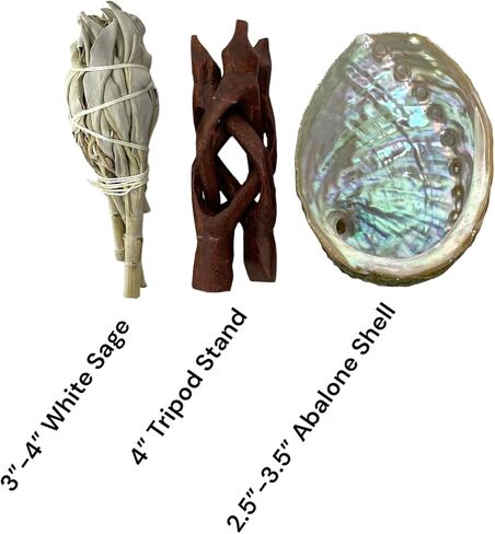 NESSASTORES - مجموعة التلطخ بحجم مناسب للسفر - صدفة أذن البحر 3"-4" + حامل خشبي 4" + 3 قطع من المريمية البيضاء 3"-4" + 2 قطعة Palo Santo #JC-210 (مجموعة واحدة) in Saudi Arabia