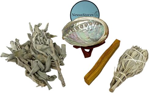 NESSASTORES - مجموعة التلطخ بحجم مناسب للسفر - صدفة أذن البحر 3"-4" + حامل خشبي 4" + 3 قطع من المريمية البيضاء 3"-4" + 2 قطعة Palo Santo #JC-210 (مجموعة واحدة) in Saudi Arabia