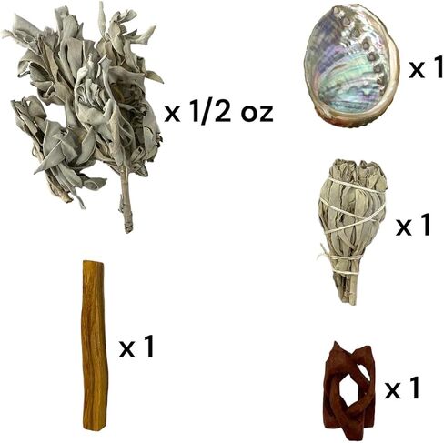 NESSASTORES - مجموعة التلطخ بحجم مناسب للسفر - صدفة أذن البحر 3"-4" + حامل خشبي 4" + 3 قطع من المريمية البيضاء 3"-4" + 2 قطعة Palo Santo #JC-210 (مجموعة واحدة) in Saudi Arabia