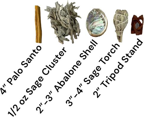 NESSASTORES - مجموعة التلطخ بحجم مناسب للسفر - صدفة أذن البحر 3"-4" + حامل خشبي 4" + 3 قطع من المريمية البيضاء 3"-4" + 2 قطعة Palo Santo #JC-210 (مجموعة واحدة) in Saudi Arabia