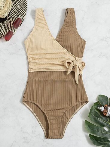 WDIRARA Women's Color Block Tie Side Wrap V Neck One Piece Swimsuit Monokini Swimwear in Saudi Arabia