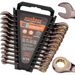 HORUSDY 12-Piece Metric Ratcheting Wrench Set | 8-19 mm | Ratchet Combination Wrenches Set with Organizer | 72-Teeth | Chrome Vanadium Steel