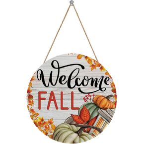 Hello Fall Door Sign: Rustic Fall Decorations for Home, 11.8" Round Wall Hanging Sign, Fall Wood Decor with Autumn Leaves and Flowers