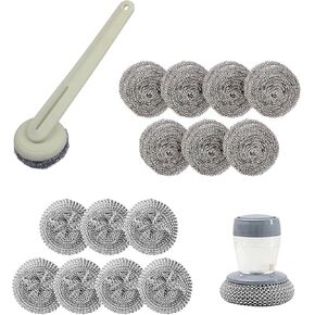 Stainless Steel Wool Brush Dish Scrubber with Handle Replacement Heads - Steel Scrubbing Scouring Pad Set of 16, Kitchen Cleaning Metal Dish Scrubber for Washing Dishes Grate Pot Pan Sink