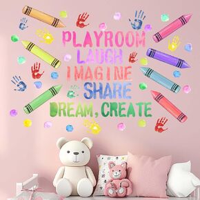 Playroom Wall Stickers - Crayon Handprint Polka Dots Inspirational Quotes Wall Decals - Girls Baby Nursery Kids Room Classroom Laugh Imagine Share Dream Create Wall Decor
