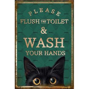 Metal Aluminum Plaque Sign Decoration Funny Black Cat Please Flush Toilet Wash Your Hands Cute Sign Home Bathroom Restroom Toilet Wall Art Decor Metal Poster Tin Sign 8x12 Inch