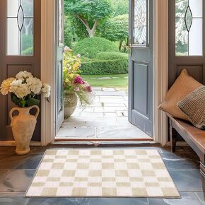 EVERGRACE Checkered Plaid Area Rug 6x9, Soft Fuzzy Faux Wool Rugs Washable Anti Slip Rugs Large Rug Carpet for Entryway Bedroom Living Room Hallway Kitchen Dining Room and Laundry Room, Beige