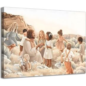 Framed Jesus With Children Canvas Wall Art For Such is the Kingdom Christian Kids Room Print Nursery Painting Jesus Christ With Baby in The Garden Picture Boy Girl Watercolor Wall Decor 12x16in