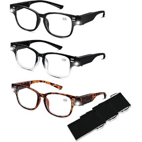 Magnifying Glasses with Light Reading Glasses with Lights and Magnifier Bright LED Readers with Lights Blue Light Blocking Magnifying Eyeglasses Nighttime Reader Lighted Eye Glasses for Men Women+300
