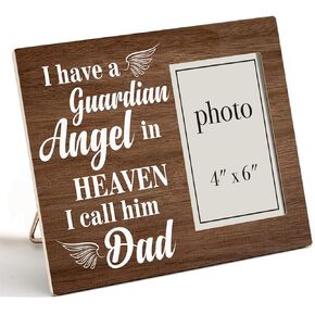 Memorial Father Gift Wooden Picture Frame, Guardian Angel Dad in Heaven Wood Photo Frame Remembrance Gifts for Loss of Father, Tabletop and Wall Mounting, 4x6 Inch Photo