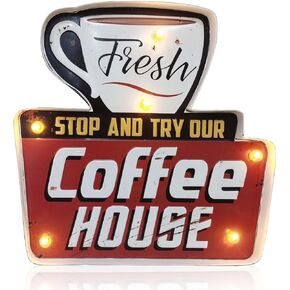Coffee Bar Sign, ACECAR Metal Tin Vintage Light Up Signs, Cafe Embossed Retro Wall Decor, Battery Operated Handmade Marquee Art Garage Decorations, for Wall Decoration 12.2× 11.2 Inches