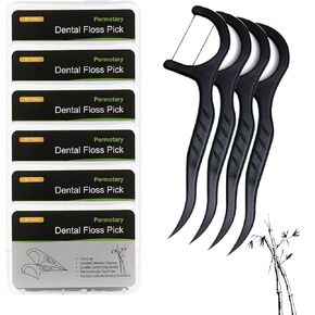 Permotary 6 Packs Bamboo Charcoal Dental Floss Picks Ultra-fine Smoother Portable Household Oral Care Floss Picks for Cleaner Healthier Mouth with Travel Handy Cases 300 Count Flossers