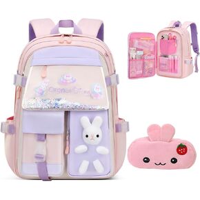 2PCS Kawaii Backpack for Girls,Cute School Bag with Pencil Bag,Bunny Backpacks for Girls,Aesthetic Book Bags with Beaded Quicksand & Rabbit Doll(Purple,16in)