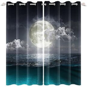 Renaiss Full Moon Ocean Blackout Curtains 29W x 55L Set of 2 Panels, Ocean Foggy Night Window Drapes for Bedroom Night Ocean Scenery Window Curtains for Bedroom Kitchen