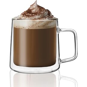 CNGLASS 10oz Glass Coffee Mugs,Double Wall Insulated Glass Mugs with Handle,Clear Espresso Mugs for Latte,Cappuccino,Tea Bag,Set of 2