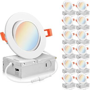 PARMIDA (12 Pack) 4 Inch 5CCT Ultra-Thin LED Adjustable Gimbal Recessed Lighting with J-Box, 2700K/3000K/3500K/4000K/5000K 5 Color Selectable, 9W, Eyeball Canless Slim Panel Lights, Dimmable, IC, ETL