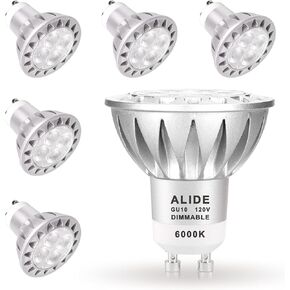 ALIDE GU10 Led Light Bulbs Dimmable AC120V,25W 35W 50W Halogen Replacement,2700K Warm White,MR16 GU10 Dimmable 2 Prong Base 5W Led Track Bulbs,450LM,38 Degrees,6Pack