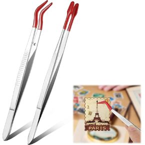 2 Pieces Tweezers with Rubber Tips Stainless Steel Flat Tip and Tip Tweezers, PVC Rubber Coated Tweezers Non Marring Long Tweezers Tools for Lab Stamp Hobby Jewelry Crafts Feeding