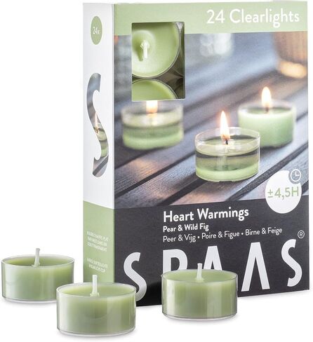 شموع أضواء الشاي المعطرة من SPAAS في أكواب شفافة - عطر الكمثرى والتين البري - شموع خفيفة معطرة ممتازة للسبا والديكور الرومانسي والعشاء وديكور المنزل - عبوة من 24 قطعة in Saudi Arabia