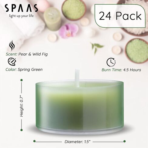 شموع أضواء الشاي المعطرة من SPAAS في أكواب شفافة - عطر الكمثرى والتين البري - شموع خفيفة معطرة ممتازة للسبا والديكور الرومانسي والعشاء وديكور المنزل - عبوة من 24 قطعة in Saudi Arabia