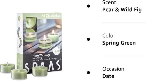 شموع أضواء الشاي المعطرة من SPAAS في أكواب شفافة - عطر الكمثرى والتين البري - شموع خفيفة معطرة ممتازة للسبا والديكور الرومانسي والعشاء وديكور المنزل - عبوة من 24 قطعة in Saudi Arabia
