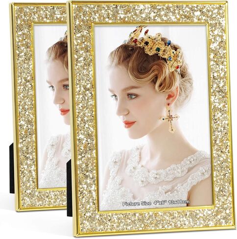 IZIDDO 4x6 Picture Frames Set of 2, Gold Sequins Bling Glitter Photo Frame, Made of Metal and Real Glass, for Wall or Tabletop Display (Gold, 4x6 in Saudi Arabia